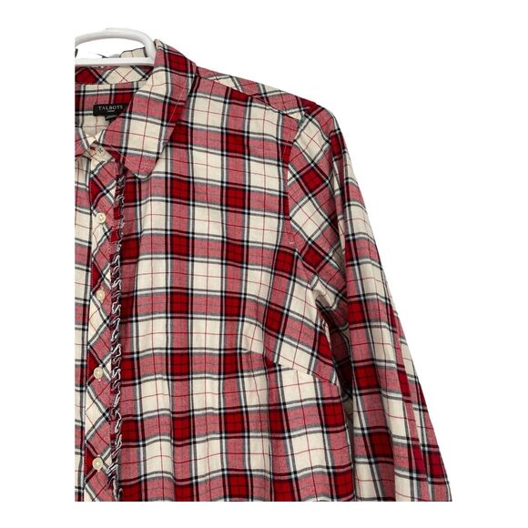 Talbots Red & White Plaid Button Shirt Shimmer Holiday Ruffle Trim Size 1X - Picture 7 of 8
